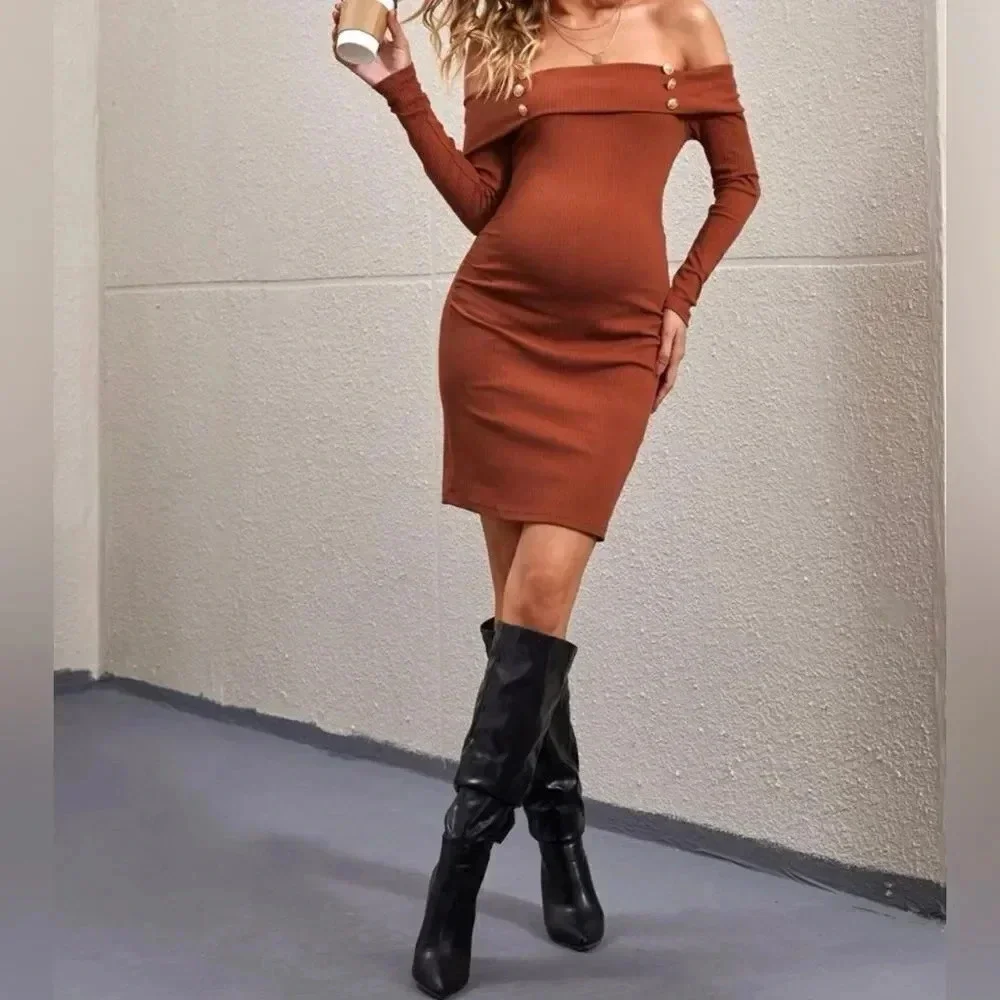 SHEIN Maternity Ribbed Knit Off Shoulder Button Detail Dress - Picture 3 of 4